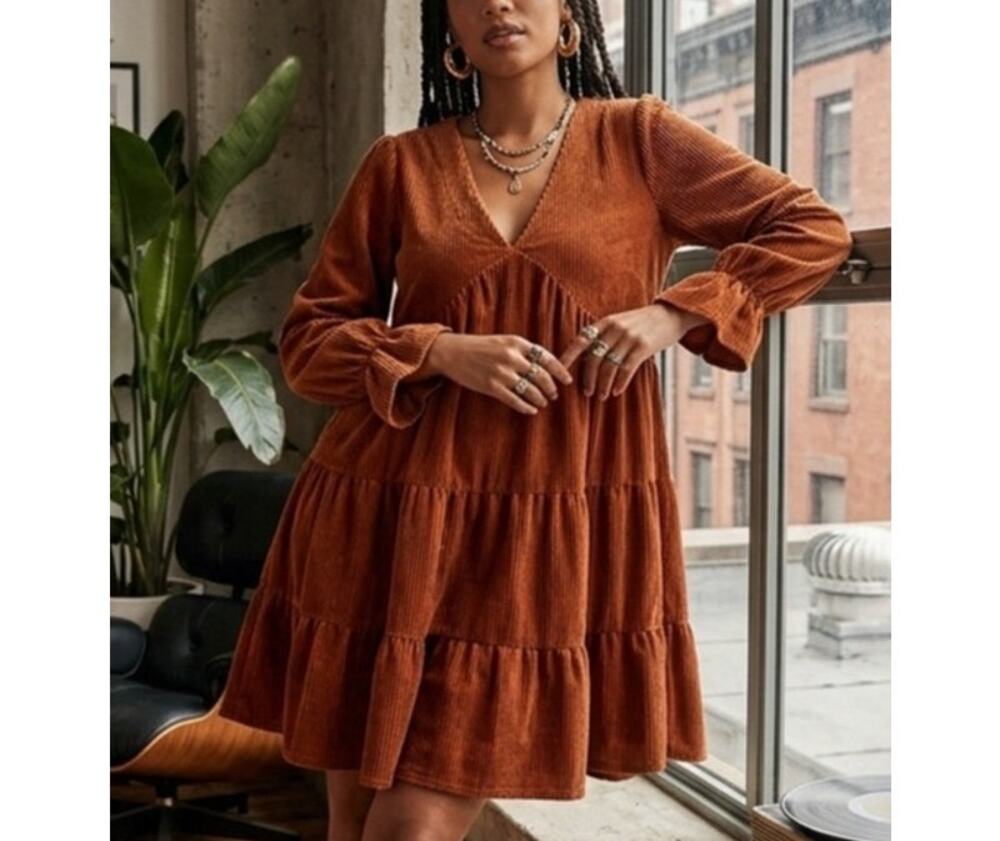 New In ribbed velour babydoll dress
